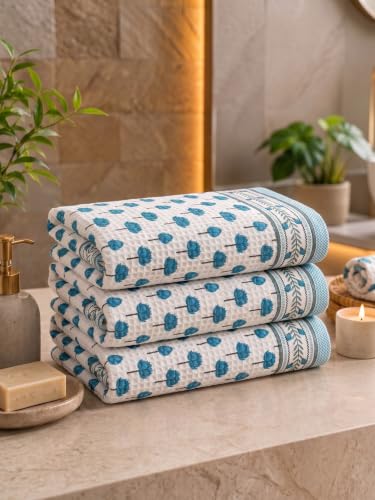 Image of Mafatlal Madhuban 250 GSM Luxury Waffle Cotton Bath Towels Pack of 3 | 147 x 76 cm | Premium | Quick Dry | Bathroom Towels | Indigo Blue