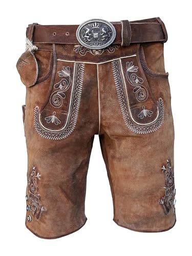 Alpenlife Kurze Herren Lederhose mit Gürtel, Braun, Speckig, Antik Look Leder, Oldtimer (Gr.52)
