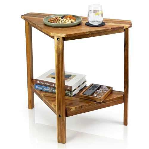 ENKEZI Narrow Triangle Side Table Real Acacia Wood Slim End Table with 2-Tier Shelf Small Corner Table for Sofa or Bedside Space Saving Nightstand Easy Assembly Waterproof Finish