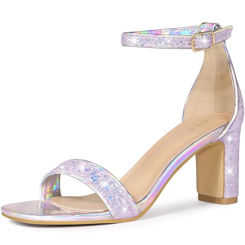 Allegra K Women's Glitter Ankle Strap Chunky Heeled Sandals