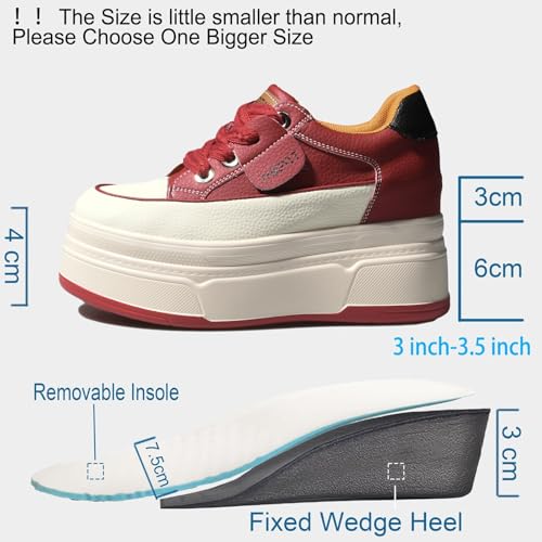 Image of Platform Sneakers For Women - (3 inch-3.5 inch )6cm Heel & 3cm Inner Lift, Comfortable Cushioned Arch Support, Non-Slip Casual Walking Shoes, Microfiber Leather Platform Shoes White Black Red Yellow