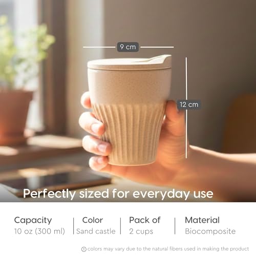 Image of Eha Earth Friendly Rafter Coffee Mug with Lid | Tea Cup Set | 300 ml | Made with Rice Husk | Microwave Safe Mugs for Gifting | 2 Unit | Sand Castle