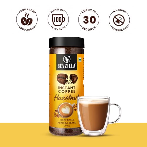 Image of Bevzilla Hazelnut Flavoured Instant Coffee Powder Jar - 400GM (200gx2) |Make 100 Cups|Arabica Beans|Best for Espresso, Latte & Cappucino|Hot & Cold Brew Ready