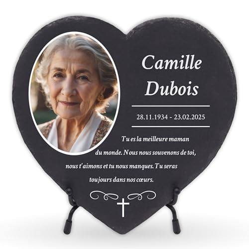 LAUBLUST Plaque funéraire personnalisée comme décoration funéraire avec texte | Plaque en ardoise gravée comme pierre tombale décorative - Croix, trois tailles | Plaque сommémorative avec nom et photo