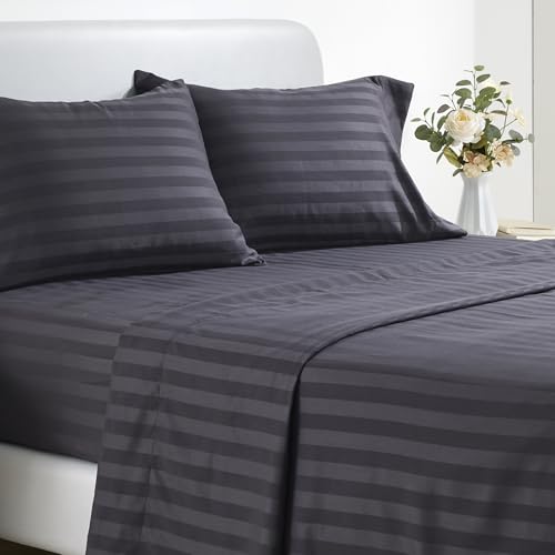 Image of SLEEP ZONE Striped Cooling Twin Sheets Set for Kids - Fitted Flat Sheet & Pillowcase Sets 3 Piece - Super Soft Stripe Bed Sheet, Easy Care, Deep Pocket (Black, Twin)