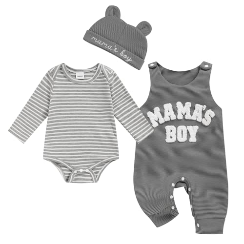 Image of Viworld Newborn Baby Boy Clothes Mama's Boy Overalls Striped Long Sleeve Romper Hat 3Pcs Fall Winter Outfits