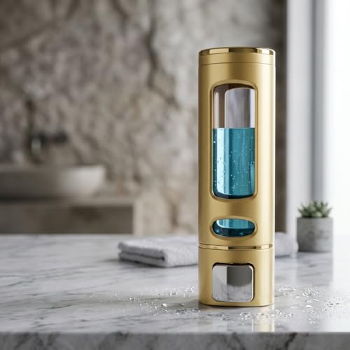 Image of Wall-Mounted Soap Dispenser 400ml with Adhesive Hook, No-Drill ABS Plastic Dispenser for Kitchen, Bathroom, Hand Wash, Shower Gel, Sanitizer Capsule Design Gold