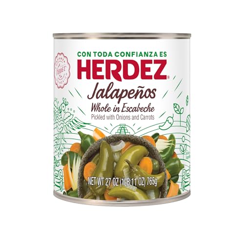 HERDEZ Jalapeño Peppers, Whole in Escabeche Pickled with Onions and Carrots, 27 oz Can (12 Pack) – Authentic Mexican Flavor, Perfect for Salsas, Tacos, Chips & Dips