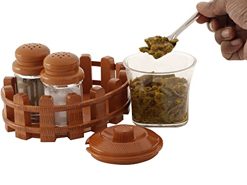 Image of Nabhya Complete Dining Table Set of Pickle Jars, Salt and Pepper Dispenser, Toothpick Holder and Spoon Holder(Wooden Look Design, Plastic) (Table Top)