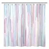 Sunlit Design Watercolor Painting with Macaron Pink and Blue Fabric Shower Curtain, Gouache Style Bathroom Decoration Curtains, Machine Washable