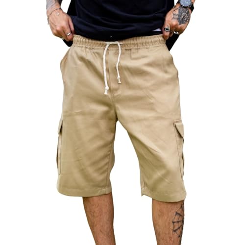 Bermuda Cargo Masculina Short Com 6 Bolsos Sarja Algodão Lisa (BR, Alfa, G, Regular, Regular, Caqui)