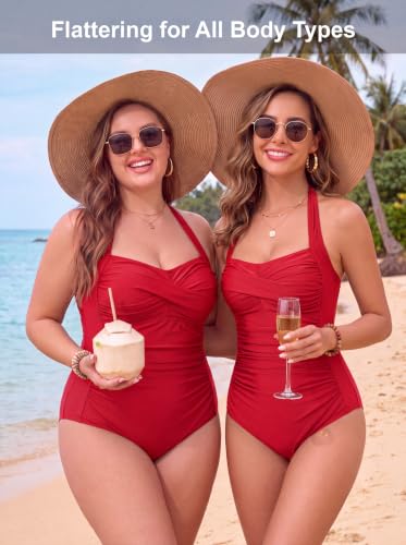 Image of Smismivo Tummy Control Swimwear Halter One Piece Slimming Vintage Retro Swimsuit Womens Ruched Push Up Bathing Suit