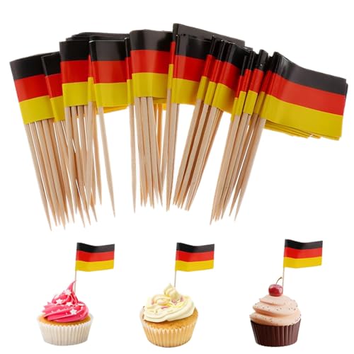 FMYODWU 100 Stück deutsche Flagge Zahnstocher, deutsche Flagge Kuchen dekorieren Sticks, Cocktail-Stick Flagge, geeignet für Nationalfeiertag, ethnische Party Geburtstag Hochzeit Party Tischdekoration