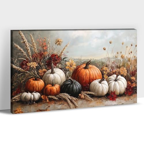 ANRUOXI Fall Canvas Wall Art, Vintage Autumn Pumpkins Fall Flower