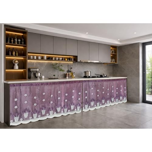 Image of Embroidered Kitchen Sink Curtain with Rod Pocket | Decorative Under Sink Cabinet Curtain | Floral & Peacock Design | Washable Fabric | Size: 150 x 71 CM (Purple, Pack of 2)