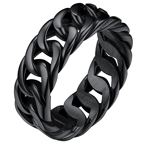 ChainsHouse Stainless Steel Band Cuban Link Ring for Men Women, 6.4MM-7MM Wide, Size 07-14, with Gift Box B: Black-7MM Wide 13