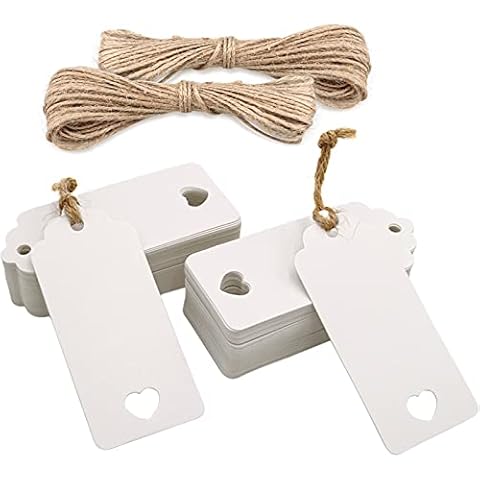 jijAcraft White Tags,100PCS Gift Tags for Crafts and Christmas,4.5x9.5cm Lovely Hollow Heart Wedding Favour Tags with 20M Jute Twine Cover