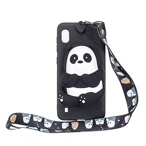 GLORYSHOP Samsung Galaxy A10 Case,3D Cute Cartoon Wallet Pocket with Long Strap Rope and Zipper Rubber Soft Silicone Phone Case Cover Protective for Samsung A10,Black Bear