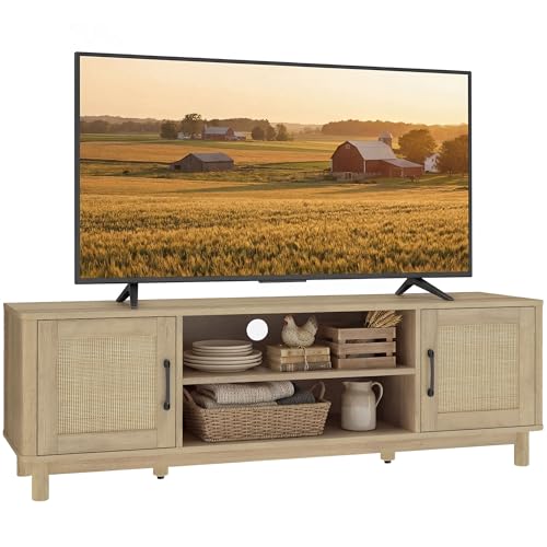 HOMCOM Meuble TV 135 cm, Meuble télé pour téléviseur jusqu'à 65 Pouces avec 2 Portes en rotin, 2 Compartiments Ouverts, Style bohème, 6 Pieds en Bois de...