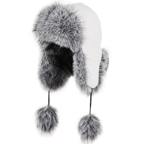 Women Faux Fur Trapper Hat with Pompoms Warm Classic Ear Flaps Fuzzy Bobble Cap Warm Outdoor Ski Snow Cap for Women and Men