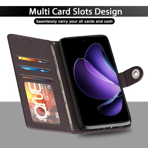 Image of Pikkme Flip Cover Leather Finish | Inside TPU with Card Pockets | Wallet Stand and Shock Proof | Complete Protection Button Flip Case for Oppo Reno 13F 5G(Coffee)