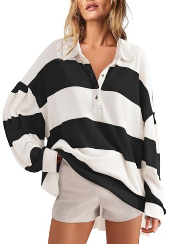 Panadila Womens Long Sleeve Striped Rugby Shirt Oversized Polo Shirts Casual V Neck T Shirt Loose Fit Tunic Tops (Black White Combo,M)