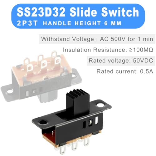 DAOKAI Mini Vertikale Schiebeschalter DPDT,6 mm Hoher Knopf Schalttafelmontage Schiebeschalter 6-pin 3 Positionen Mikro Miniatur Verriegelung Kippschalter SS23D32G6-100 Stück