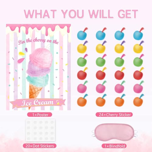 Image of WERNNSAI Pin The Cherry on The Ice Cream Game -Birthday Party Games Ice Cream Party Decorations 28'' x 21'' Poster with 24 PCS Cherry Stickers for Kids Girls Birthday Carnival Supplies | Ice Cream Party Decorations,Summer Birthday Party Games,28 inch x 21 inch Poster with 24 Stickers and Blindfold