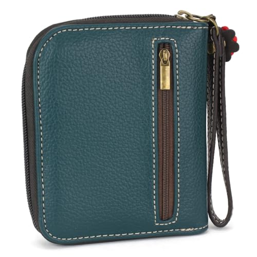 Image of CHALA Zip Around Wallet, Wristlet, 8 Credit Card Slots, Sturdy Pu Leather - Bus - teal stripe