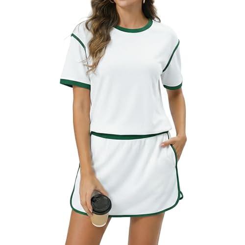 Marvmys Women 2 Piece Skorts Sets Short Sleeve Color Block Tshirt and Skorts Matching Going Out Summer Tracksuit with Pockets Medium White+dark Green