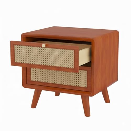 Image of MISAN Boston Solid Wood Bedside Table with Rattan Drawers Mid Century Night Stand for Living Room | Cane Mid Century Modern Side Table with 2 Drawers-Multipurpose use for Living Room, Bedroom (Z-Hony)