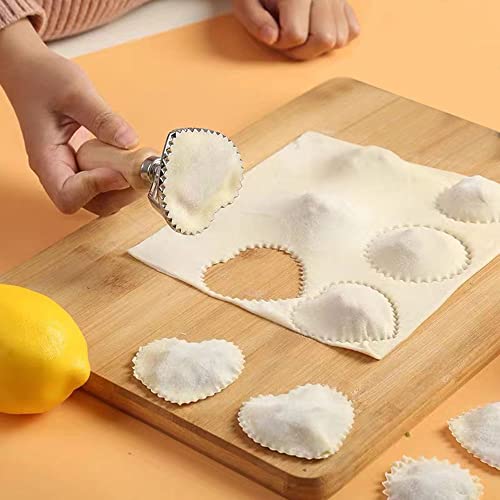 Mtomdy Ravioli Cutter Stamps With Heart - Shaped Mold With Wooden Handle And Fluted Edge Pasta Press Pasta Cutter For Home And Kitchen Use- 2.4" Diameter #TOP4
