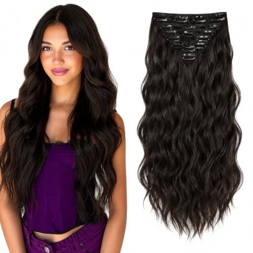 Image of Salon-Grade Clip-in Hair Extensions for Women, Imported Synthetic Hair, 6 PCS with 13 Secure Clips, Instant Volume, Natural Blend, Reusable Hair Volumizer (Dark Brown, Curly /Wavy)
