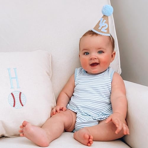 1/2 Birthday Hat for Girls&Boys - Linen Party Cone Cap with Pom Pom, Unisex Half Way To One Cake Smash Decor3