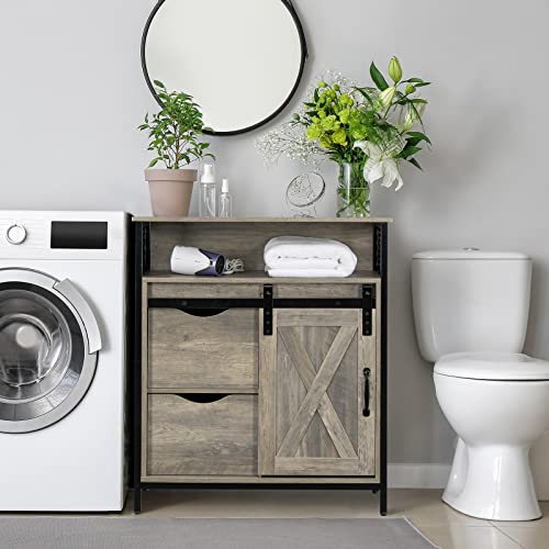Image of VINGLI Farmhouse Bathroom Floor Storage Cabinet, Rustic Freestanding Cabinet Organizer w /Sliding Barn Door, 2 Large Drawers and Adjustable Shelves (Wash Grey)