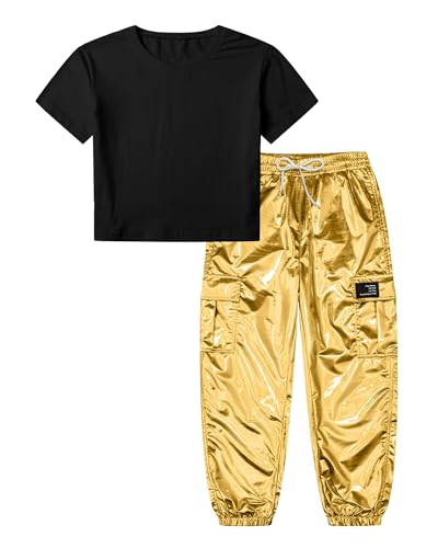 Image of Betusline Girls 2 Piece Summer Outfits,Kids Casual Short Sleeve Crop Top & Cargo Jogger Pants Sets,4T-14Y