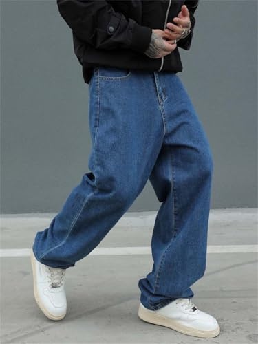 Hndudnff Men's Casual Wide Leg Baggy Jeans Loose Cotton Washed Elastic Waist Straight Denim Pants3