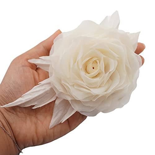 9cm BRIDAL CREAM-WHITE Chiffon Rose Brooch Pin By NhanDo Handmade
