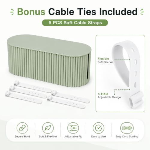 Boîte de rangement de câbles verte avec 5 attaches pour bureau