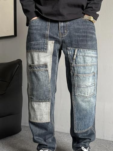 Men’S Hip Hop Trendy Multi Pocket Patchwork Baggy Straight Cotton Skateboard Pants Slim Fit Button Fly Distressed Jeans4