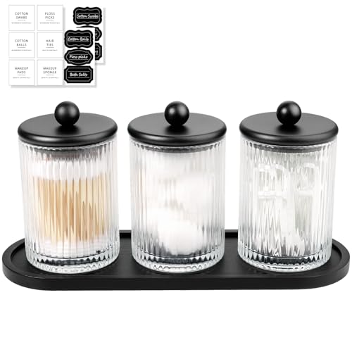 SheeChung 3-Pack Qtip Holder, Apothecary Jars with Bamboo Tray -