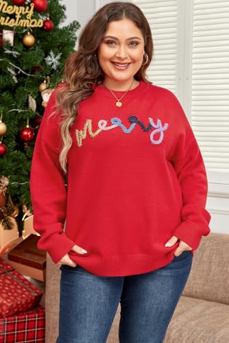 Fiery Red Tinsel Merry Pattern Drop Shoulder Plus Size Sweater for Women3