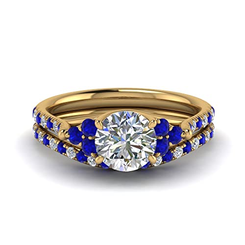 Image of Choose Your Gemstone Round Cut Petite Cathedral Wedding Ring Set Yellow Gold Plated Round Shape Wedding Ring Sets Matching Jewelry Wedding Jewelry Easy to Wear Gifts US Size 4 to 12