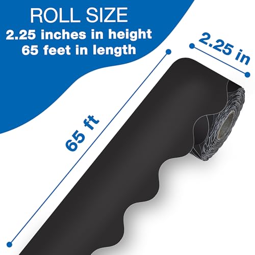 Carson Dellosa 65Ft of Black Bulletin Board Borders, 1 Roll of Scalloped Trim for Rolling Whiteboard, Cork and Posterboard, Party, Office Decorations, and Classroom Decor