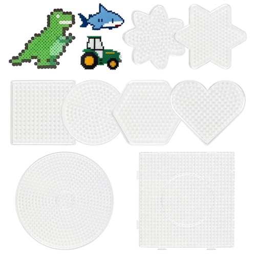Bügelperlen Platten, 5mm Bügelperlen Vorlagen, 8 Stück Steckperlen Schablonen in Vielen Formen, Bastelperlen Steckplatten, Stiftplatten Set-Quadrat Rund Herz Stern ab 3 Jahre Kinder