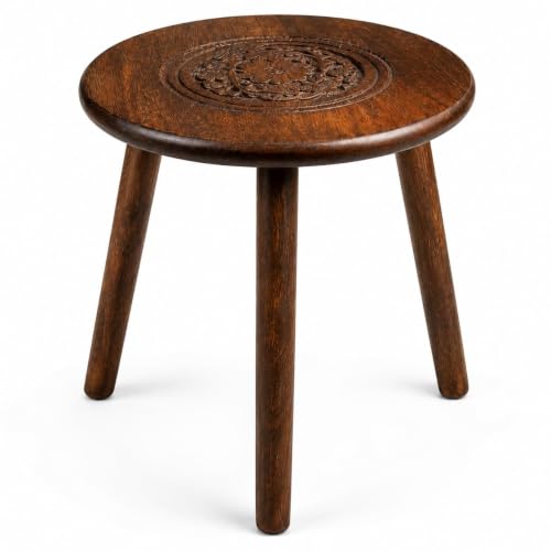 Image of WOOYNEX Wooden Table with Three Legs, Burnt, Round Coffee & Side Table | Modern, For Small Spaces with Pillar, Wood Books, Magazines, and Plant Stand, For Living Room, Entryway Table