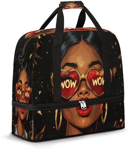 Foldable Travel Duffel Bag for Women - Carry on Personal Item Bag with Shoes Compartment, Weekender Overnight Duffle Bags Sport Tote Gym Luggage for Airplanes(Black Women Wow)