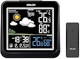  FLYLAND Wetterstation Funk mit Außensensor, Digital Thermometer Hygrometer Digital Wettervorhersage Barometer Mondphasen Wecker Uhrzeit und Hintergrundbeleuchtung für innen und außen