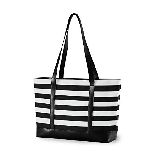 ALAZA Black White Stripes Laptop Tote Bag,Fits 15.6 Inch Laptop,Womens Lightweight Canvas Leather Tote Bag Shoulder Bag