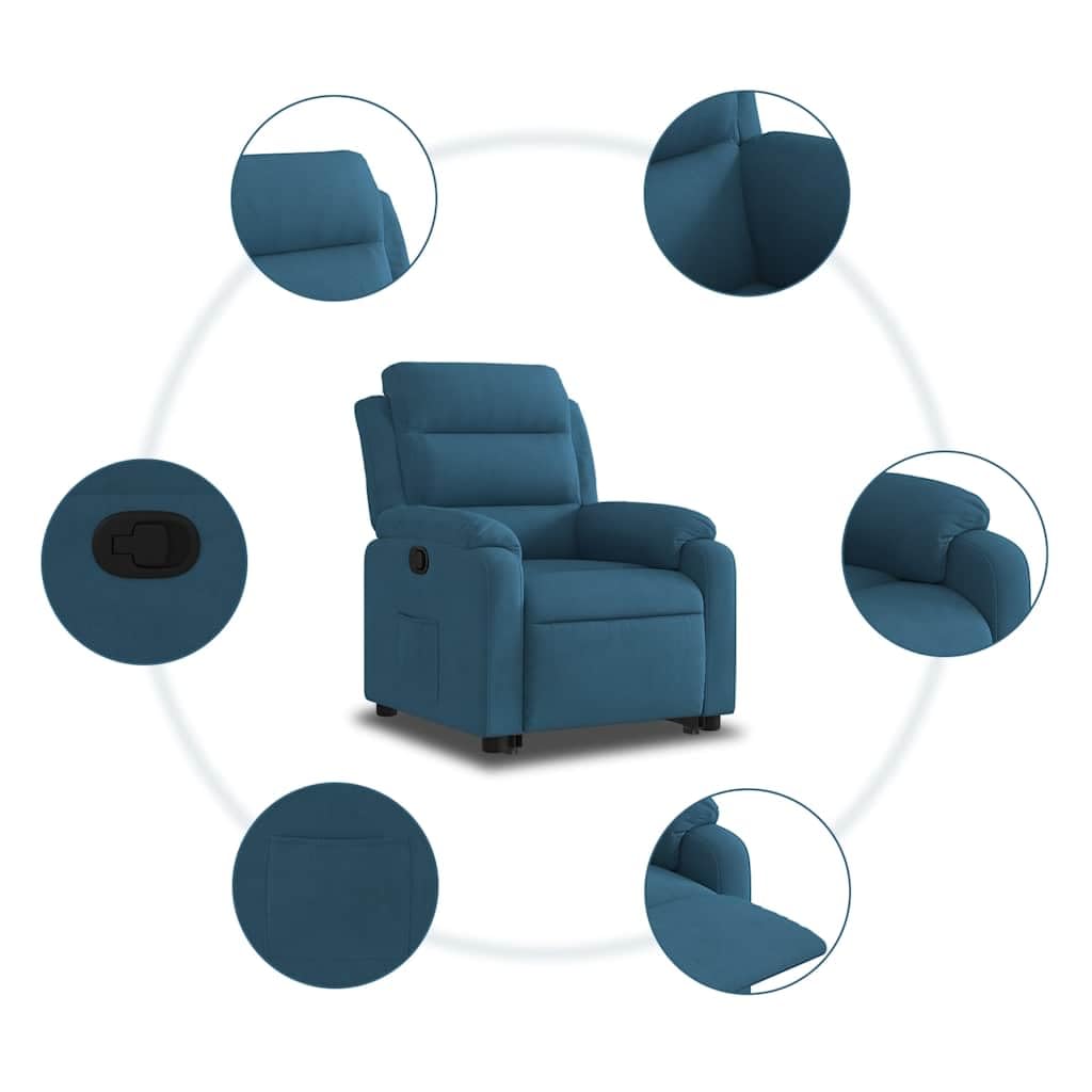 Relaxsessel Blau aus Samt mit Elektrischer Aufstehhilfe & Manueller Liegefunktion 75x92,5x100 cm für Wohnzimmer, Schlafzimmer & Seniorengerecht